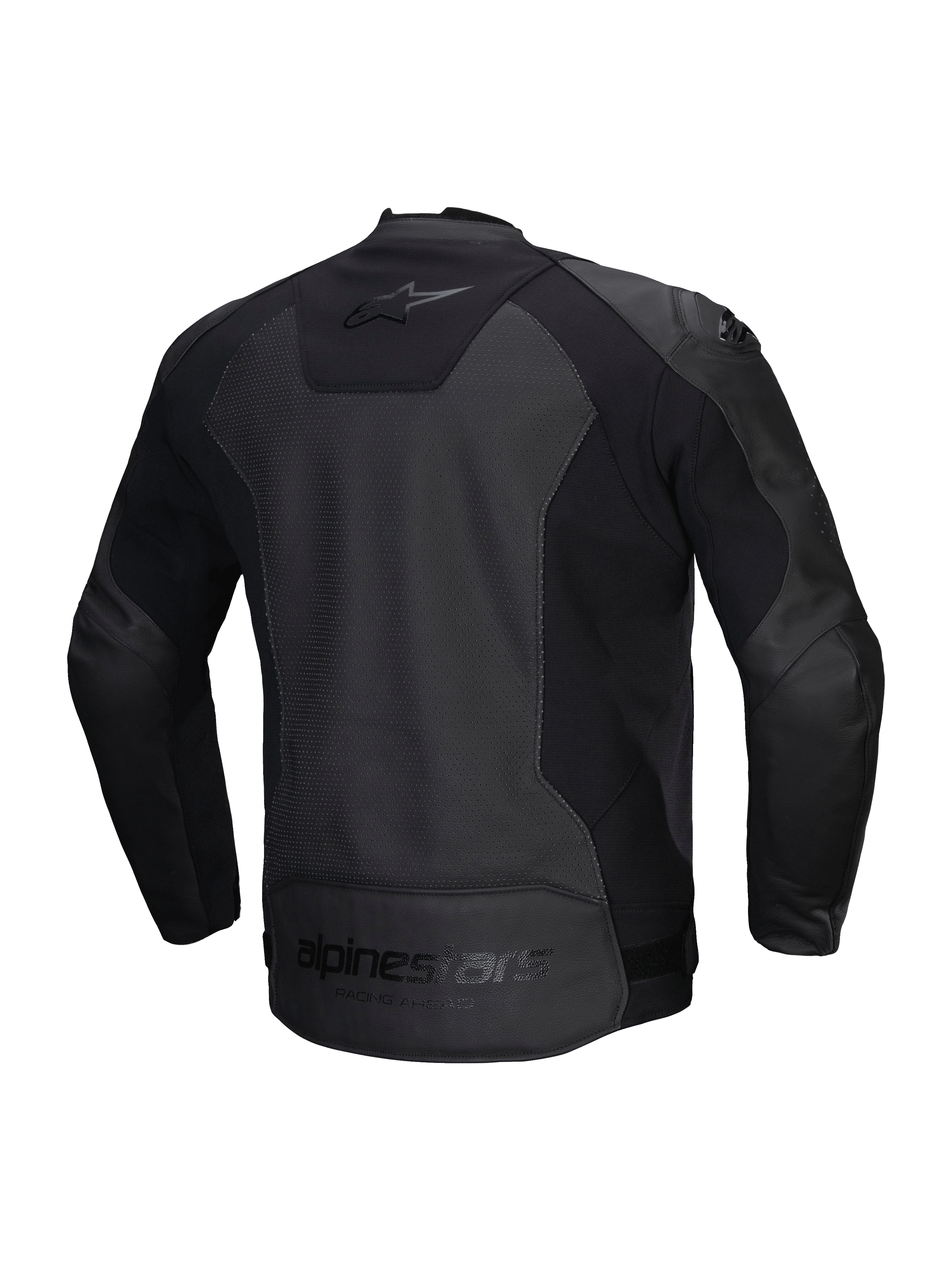 Faster V3 Airflow läderjacka, svart sport-motorcykeljacka för herrar, CE-certifierad med perforerat läder och stretchpaneler, bakifrån som visar stretchinlägg och logotyper