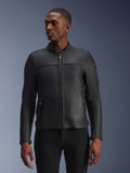 Alpinestars Blacktrack Leather Jacket, Black, Motorcycle Jacket, worn by a model, featuring a metallic front zipper, high collar, and zippered pockets, sleek premium leather construction for a modern minimalist look