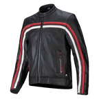 Alpinestars Dyno Leather Jacket, Black with Ruby Red and Ecru racing stripes, premium leather motorcycle jacket, front zipper closure, stand-up collar, zippered hand pockets, Italian flag emblem, sporty heritage design