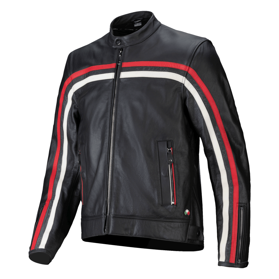 Alpinestars Dyno Leather Jacket, Black Leather Motorcycle Jacket, Red and White Racing Stripes, Front Zipper Closure, Stand-Up Collar, Zippered Pockets, Italian Flag Emblem, Smooth Shiny Finish, Sporty Design