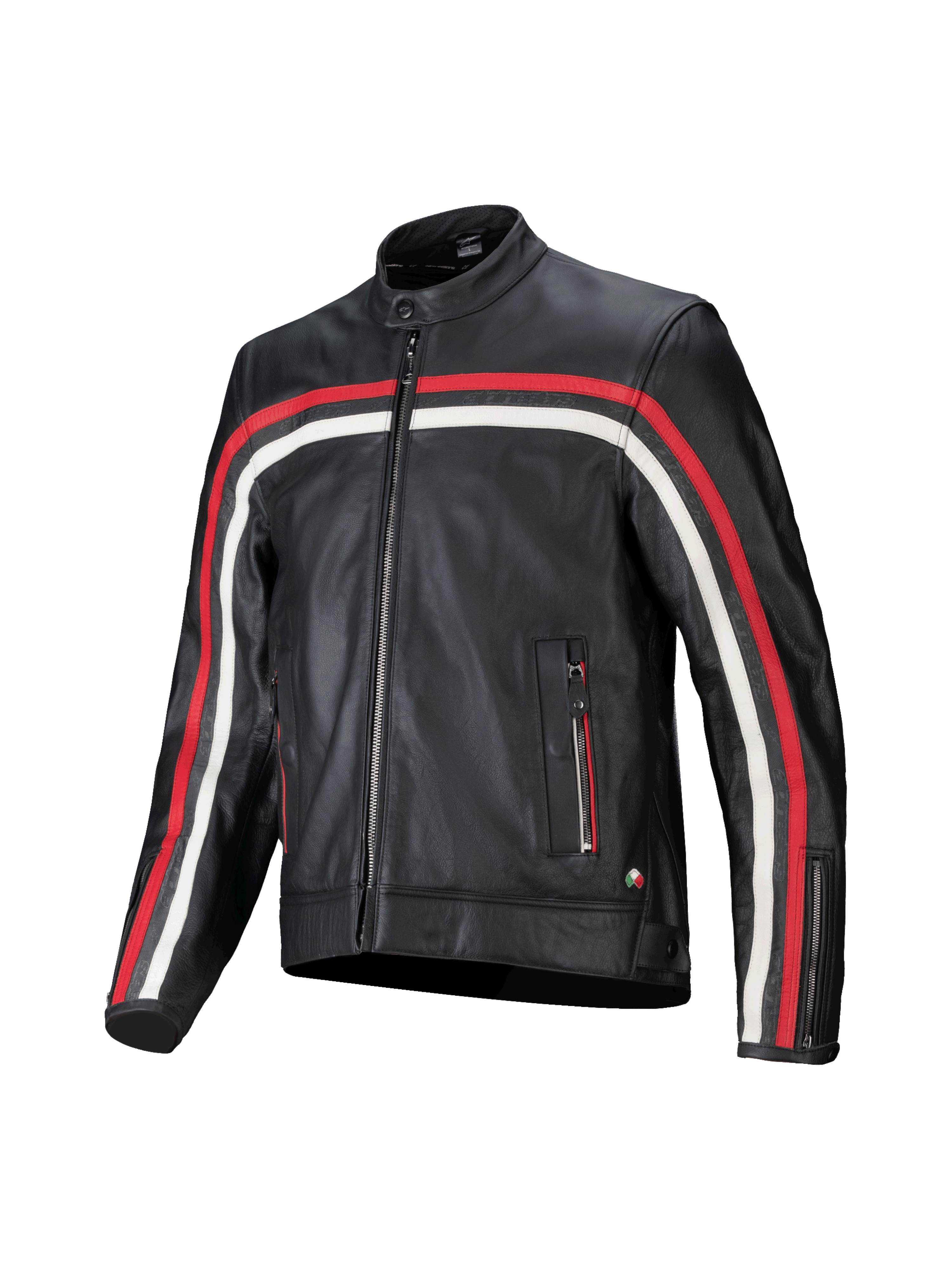 Alpinestars Dyno läderjacka, svart herr-mc-jacka med röda och ecru-färgade ränder, Tech-Air® Ready, nötläder.