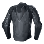 Alpinestars Atem V5 Läderjacka, racingjacka för motorcykel, svart, ryggvy som visar aerodynamisk puckel, DFS RR axel- och armbågsskydd, teknisk läderkonstruktion med stretchpaneler och Alpinestars-logotyper på ärmarna