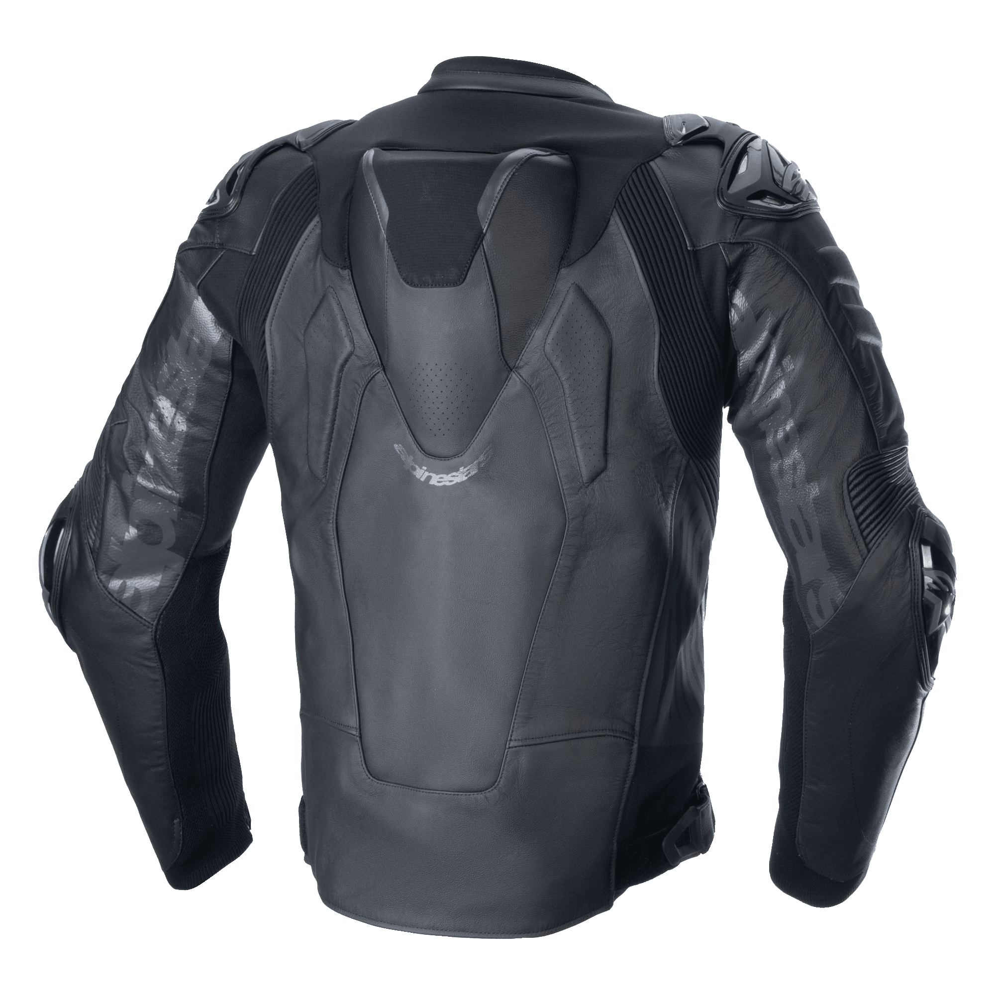 Alpinestars Atem V5 Läderjacka, racingjacka för motorcykel, svart, ryggvy som visar aerodynamisk puckel, DFS RR axel- och armbågsskydd, teknisk läderkonstruktion med stretchpaneler och Alpinestars-logotyper på ärmarna