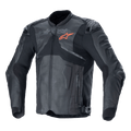 Alpinestars Atem V5 läderjacka, svart och mörkgrå motorcykelracingjacka, orange stjärnlogotyp på bröstet, perforerade läderpaneler för ventilation, hårt axel- och armbågsskydd, läder- och textilkonstruktion med aerodynamisk design för sportkörning