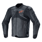Alpinestars Atem V5 läderjacka, svart och mörkgrå motorcykelracingjacka, orange stjärnlogotyp på bröstet, perforerade läderpaneler för ventilation, hårt axel- och armbågsskydd, läder- och textilkonstruktion med aerodynamisk design för sportkörning