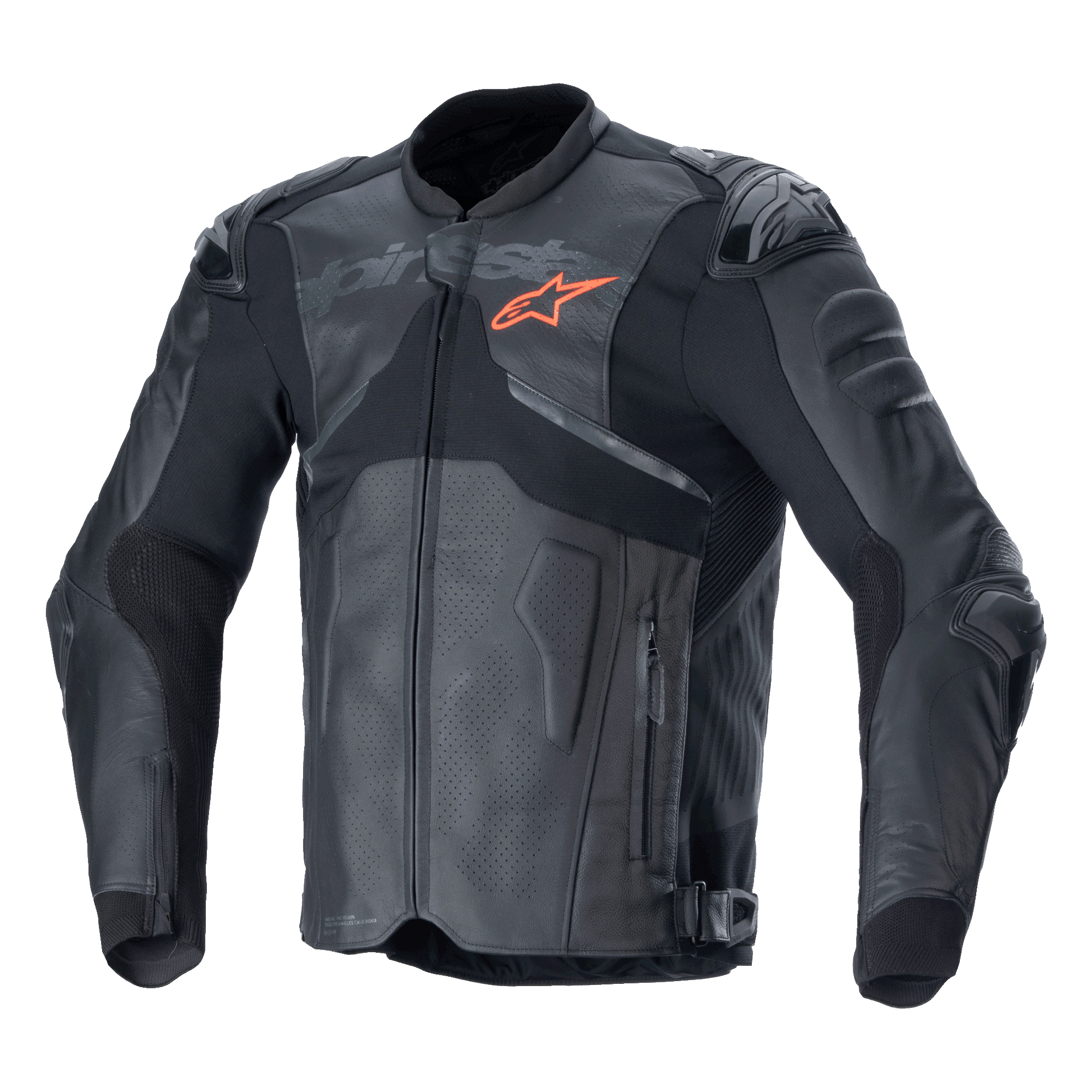 Alpinestars Atem V5 läderjacka, svart och mörkgrå motorcykelracingjacka, orange stjärnlogotyp på bröstet, perforerade läderpaneler för ventilation, hårt axel- och armbågsskydd, läder- och textilkonstruktion med aerodynamisk design för sportkörning