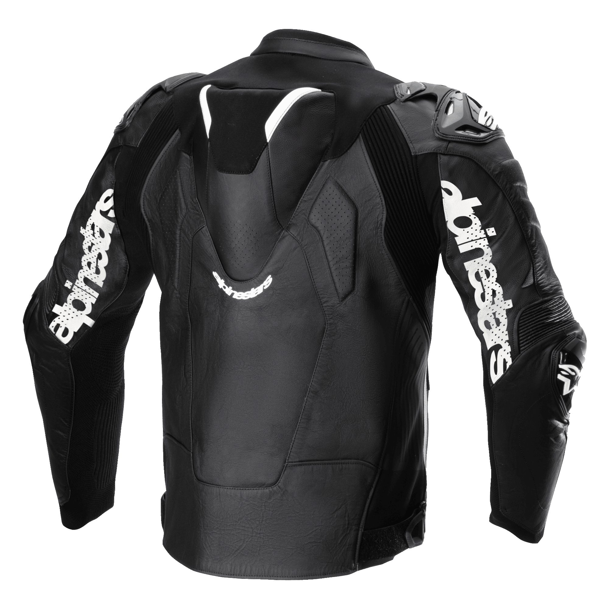 Alpinestars Atem V5 läderjacka, svart och vit, vy bakifrån som visar aerodynamisk ryggpuckel, vit Alpinestars-logotyp på ärmarna, perforerade lädersektioner och tekniska stretchpaneler för racing och sportkörning.