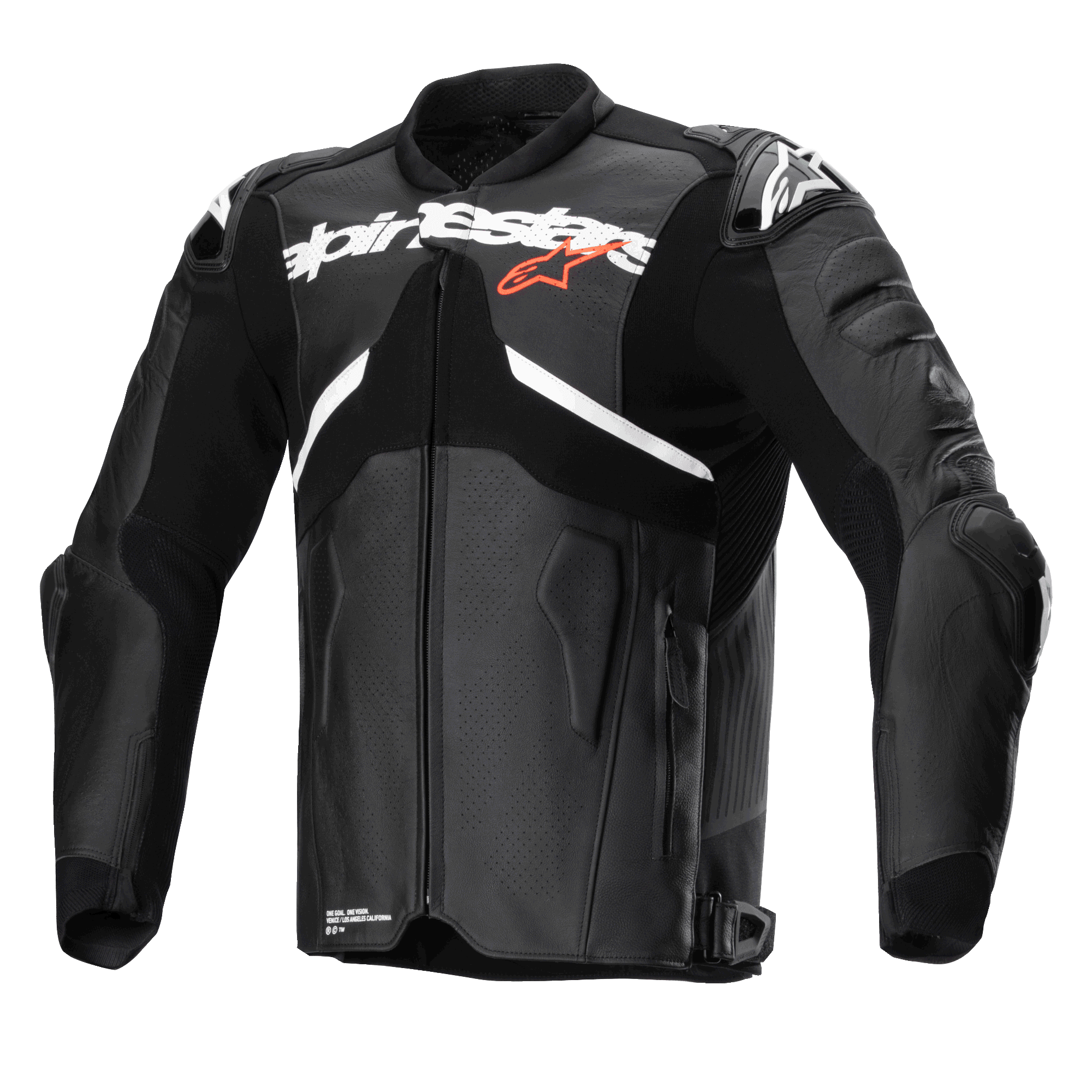 Alpinestars Atem V5 läderjacka, svart och vit, professionell motorcykelracingjacka med en stor vit Alpinestars-logotyp över bröstet med en liten röd stjärna, perforerade läderpaneler, integrerade DFS RR-axelskydd och en strömlinjeformad aerodynamisk design för sportmotorcykelkörning.