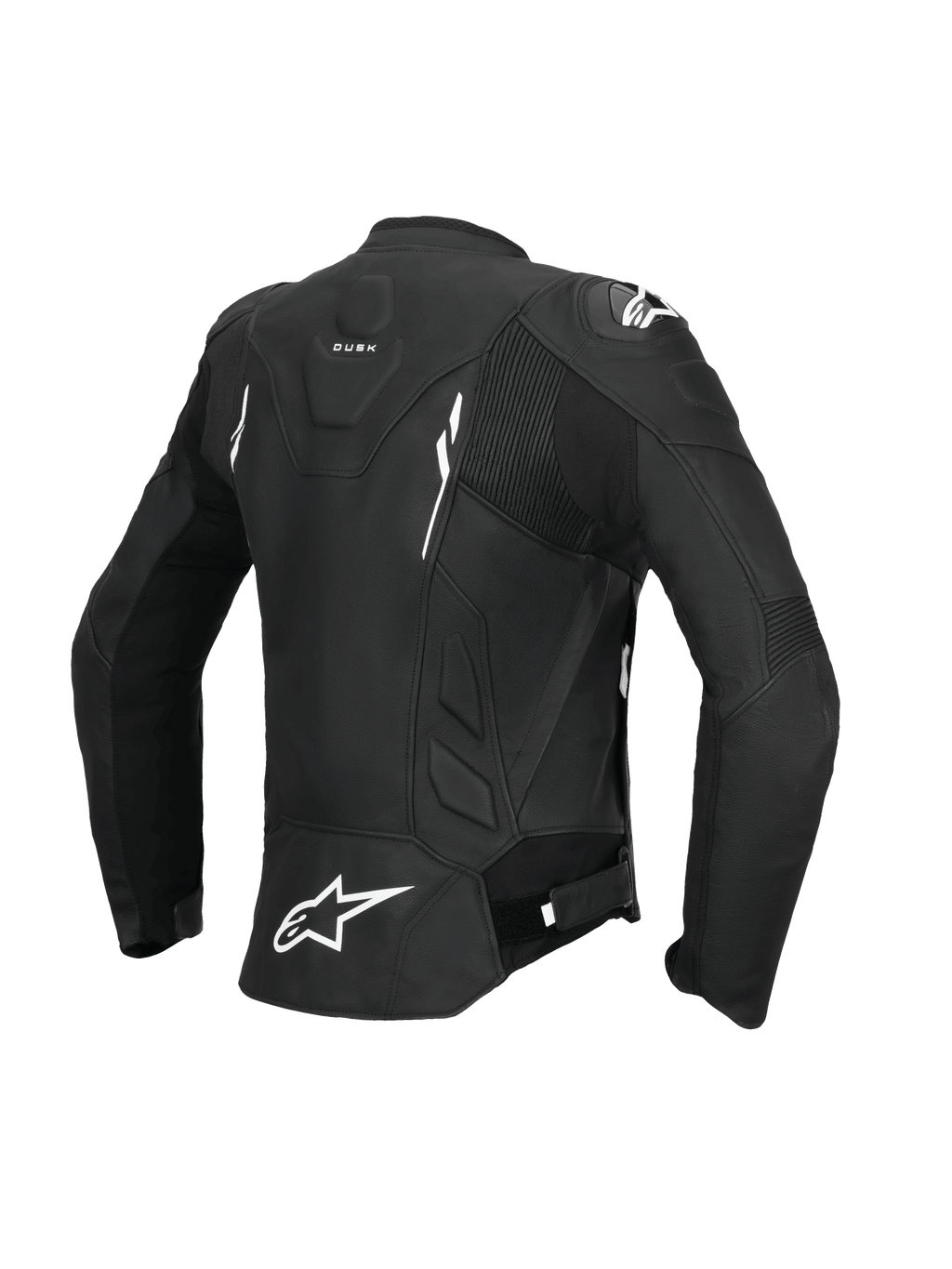 Alpinestars Stella Dusk skinnjacka, dammodell av motorcykeljacka för racing och sport, baksida i svart och vitt, CE-certifierad klass AA med stretchpaneler