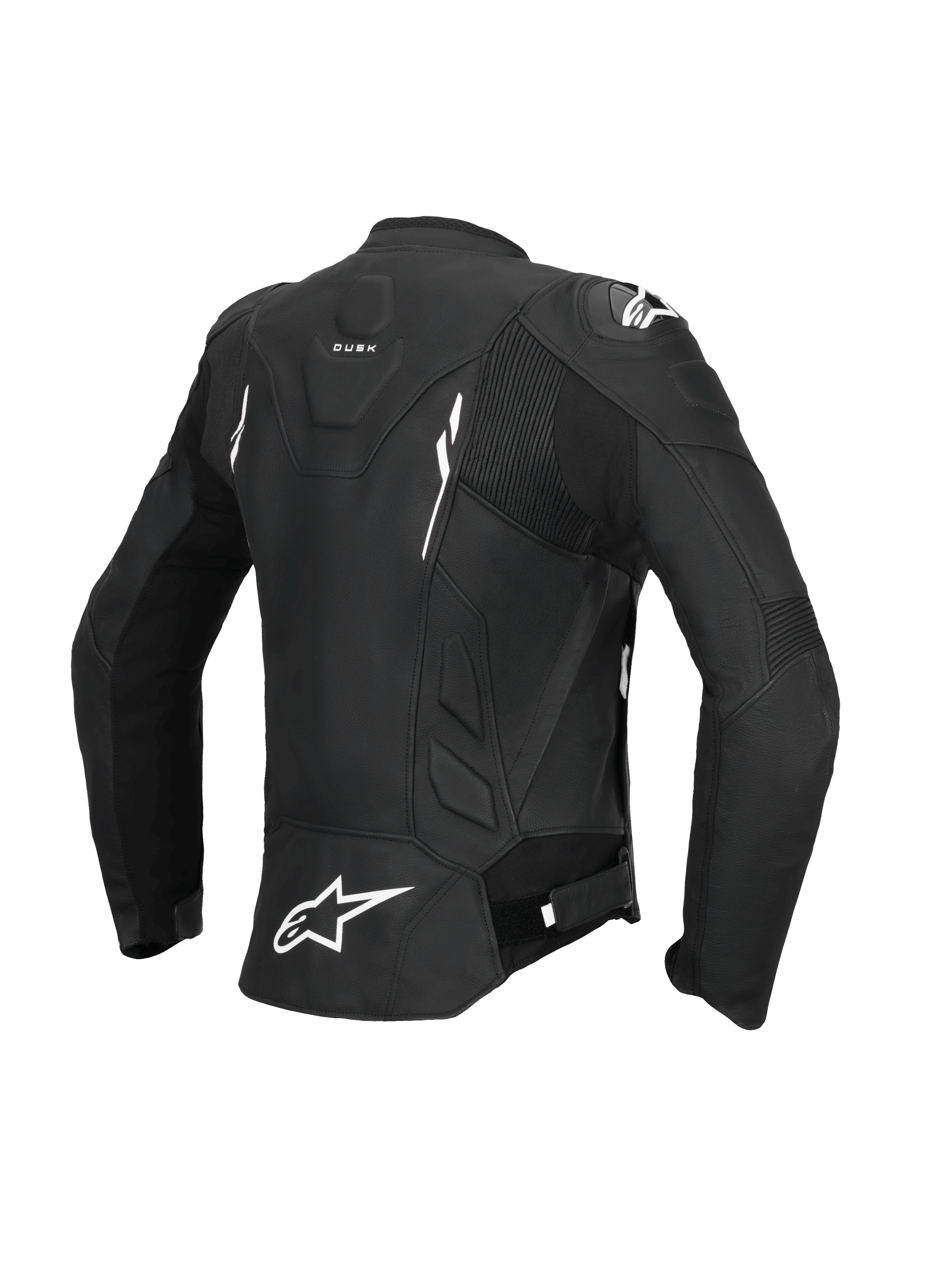 Alpinestars Stella Dusk skinnjacka, dammodell av motorcykeljacka för racing och sport, baksida i svart och vitt, CE-certifierad klass AA med stretchpaneler