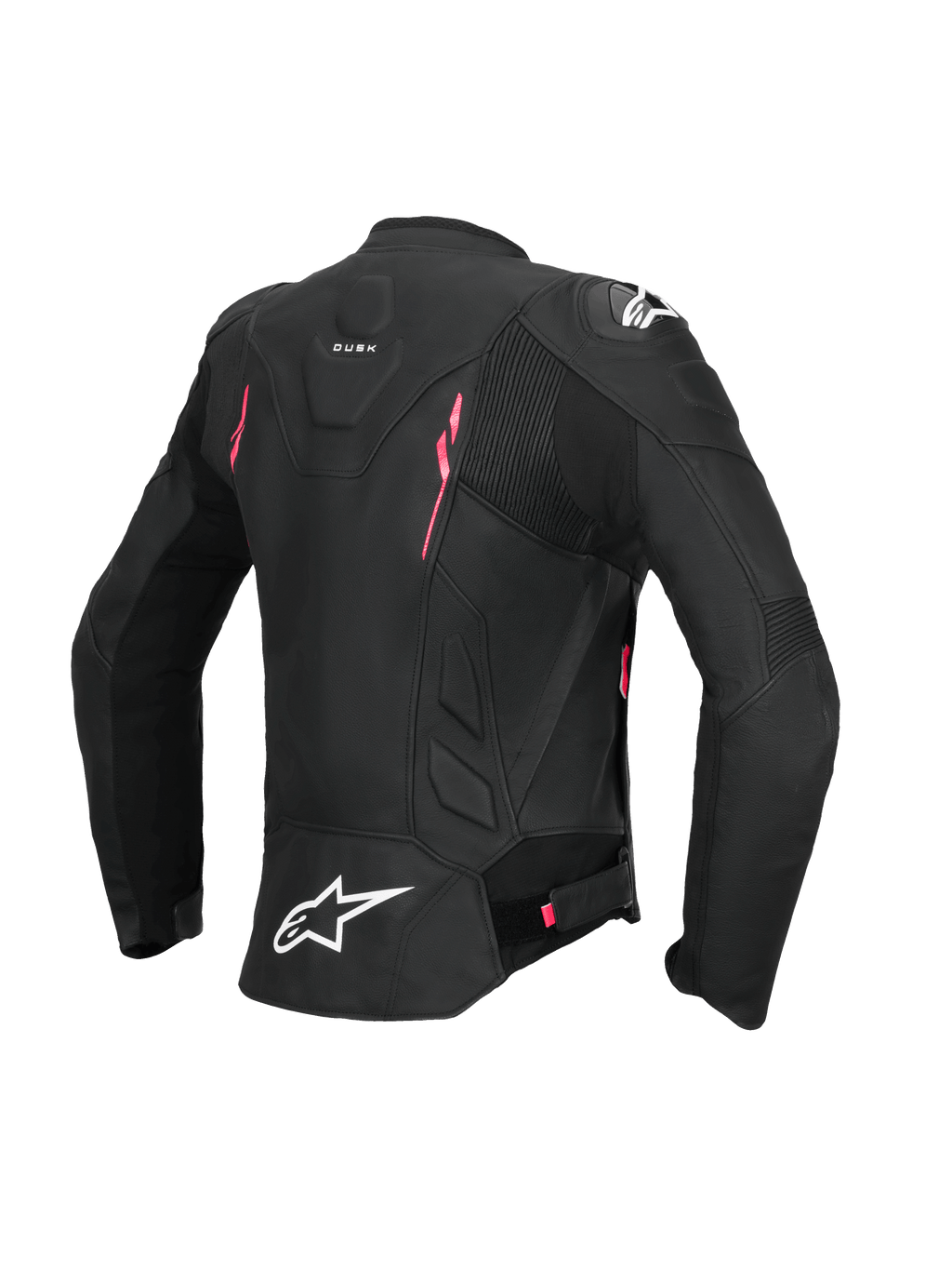 Alpinestars Stella Dusk läderjacka, dam-motorcykeljacka, baksida i svart med rosa och vita detaljer, CE-certifierad läderkonstruktion med dragspelsstretch och axelskydd