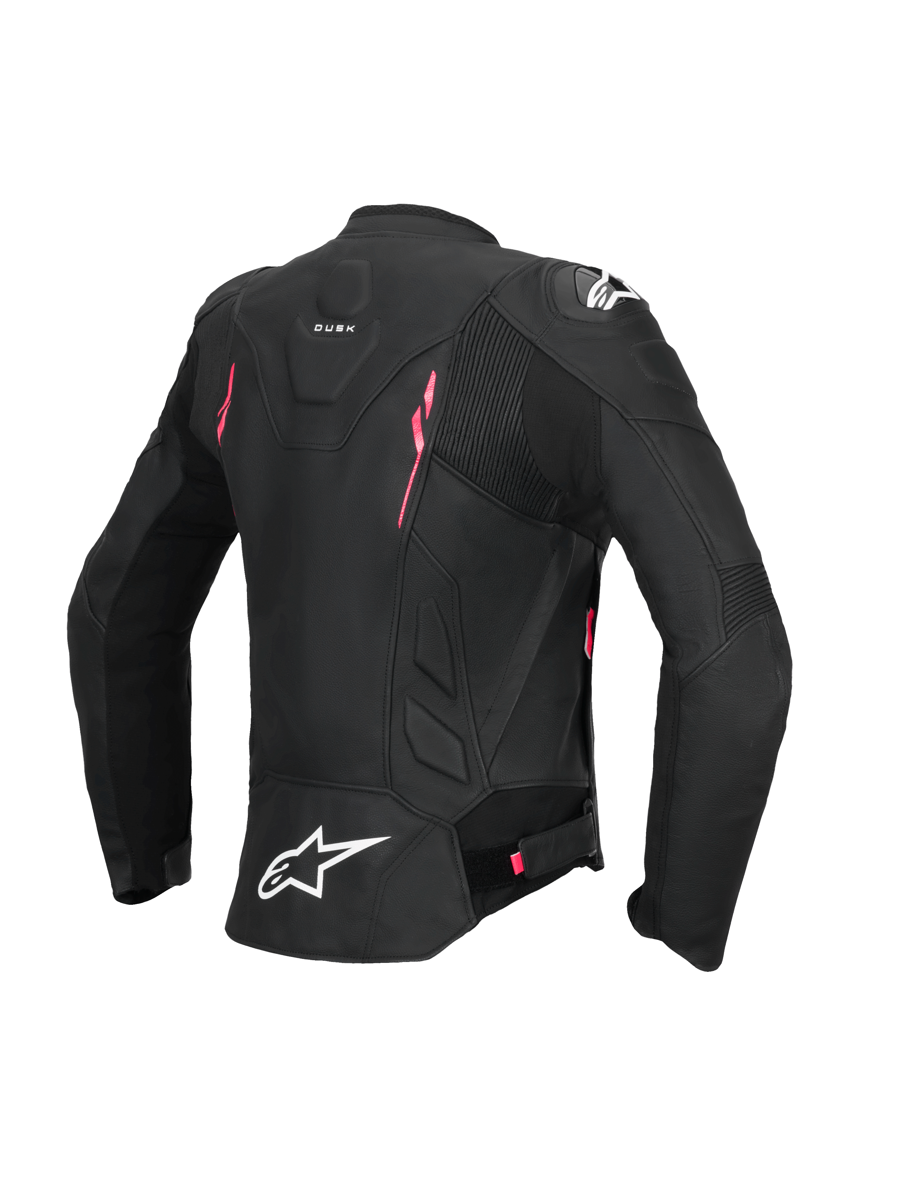 Alpinestars Stella Dusk läderjacka, dam-motorcykeljacka, baksida i svart med rosa och vita detaljer, CE-certifierad läderkonstruktion med dragspelsstretch och axelskydd