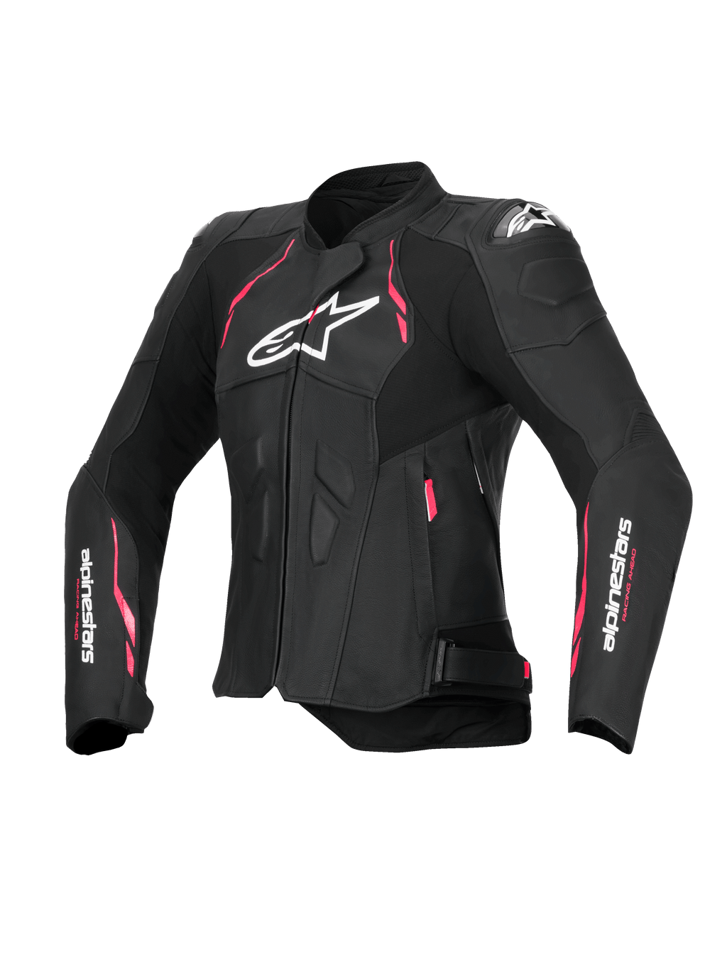 Alpinestars Stella Dusk läderjacka, dam-motorcykeljacka i svart med rosa och vita detaljer, CE-certifierad med yttre DFS-axelskydd