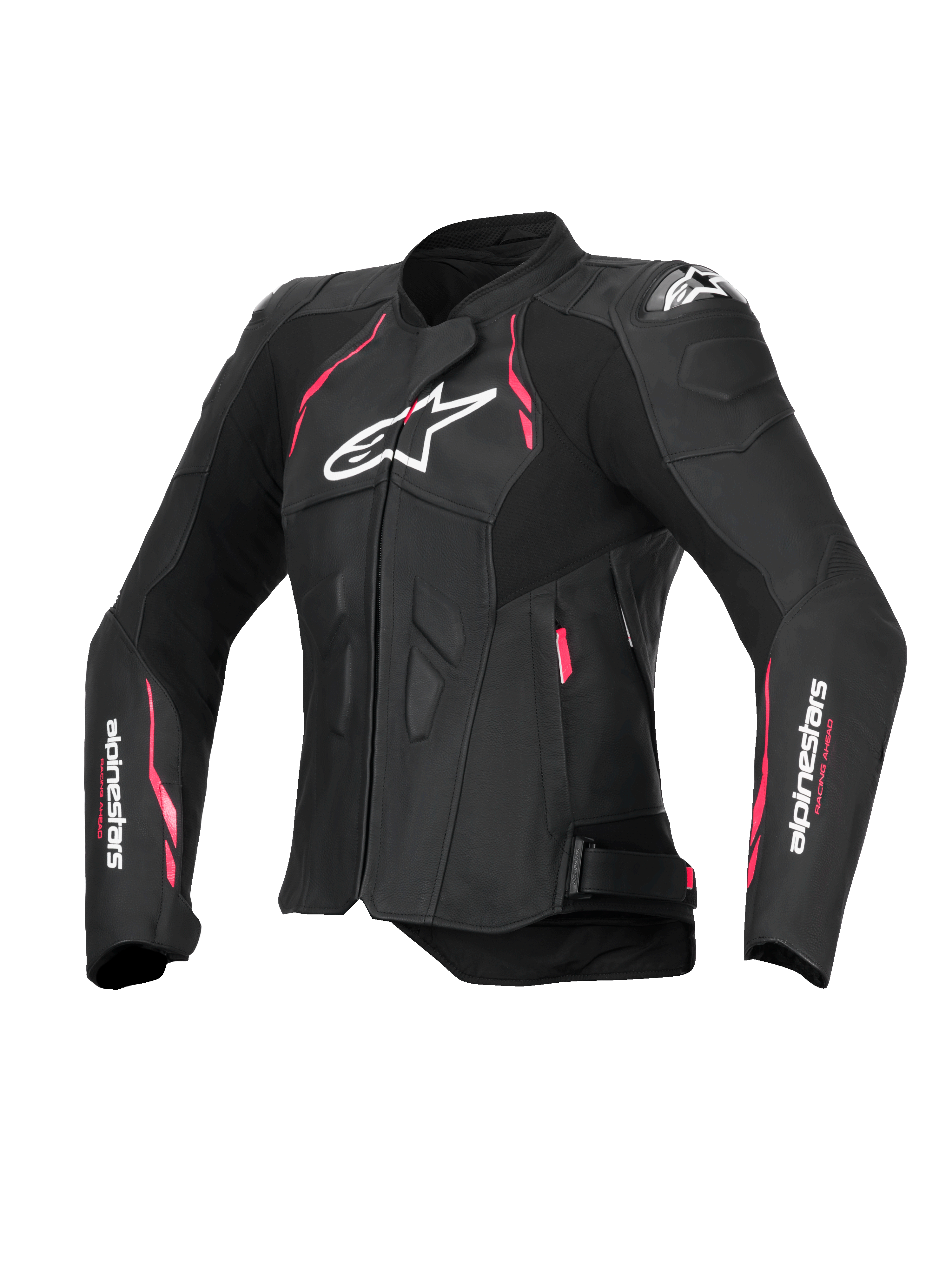 Alpinestars Stella Dusk läderjacka, dam-motorcykeljacka i svart med rosa och vita detaljer, CE-certifierad med yttre DFS-axelskydd