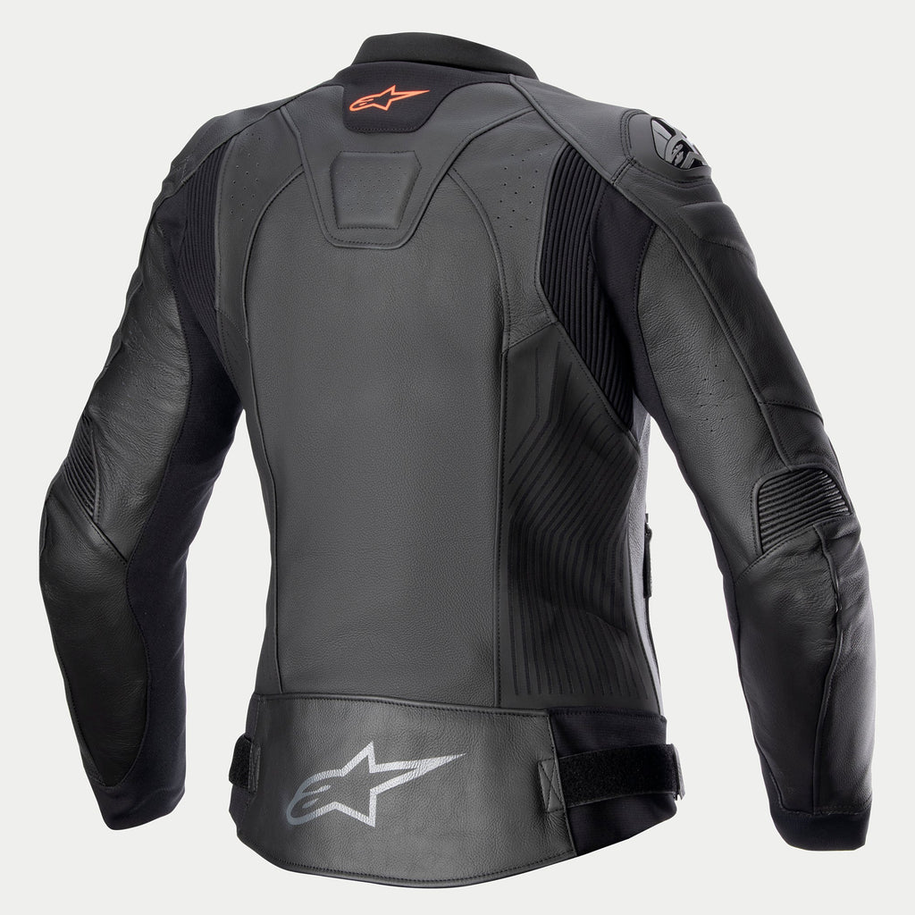Alpinestars Stella GP Plus V4 damläderjacka, svart motorcykeljacka, bakifrån som visar stretchpaneler och skyddsdetaljer