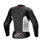 Alpinestars Women Stella GP Plus V4 Leather Jacket, Black White and Diva Pink, rear view, featuring white side panels with black graphic lines, pink and white Alpinestars logos on the upper and lower back, and leather accordion stretch panels for enhanced mobility.
