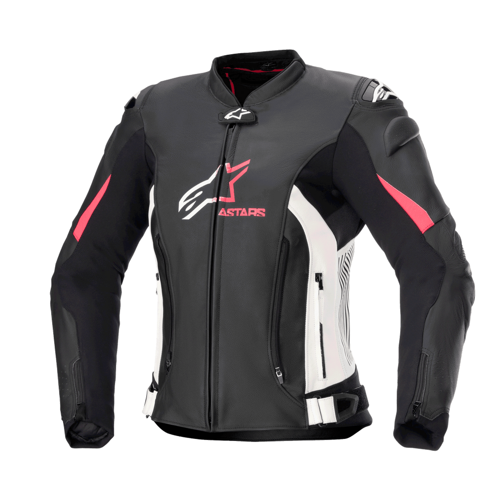 Alpinestars Women's Stella GP Plus V4 Leather Jacket, Motorcycle Racing Jacket, Black with White and Diva Pink accents, premium leather construction, featuring front and abdominal zippers, adjustable waist straps, and padded shoulders, feminine silhouette design