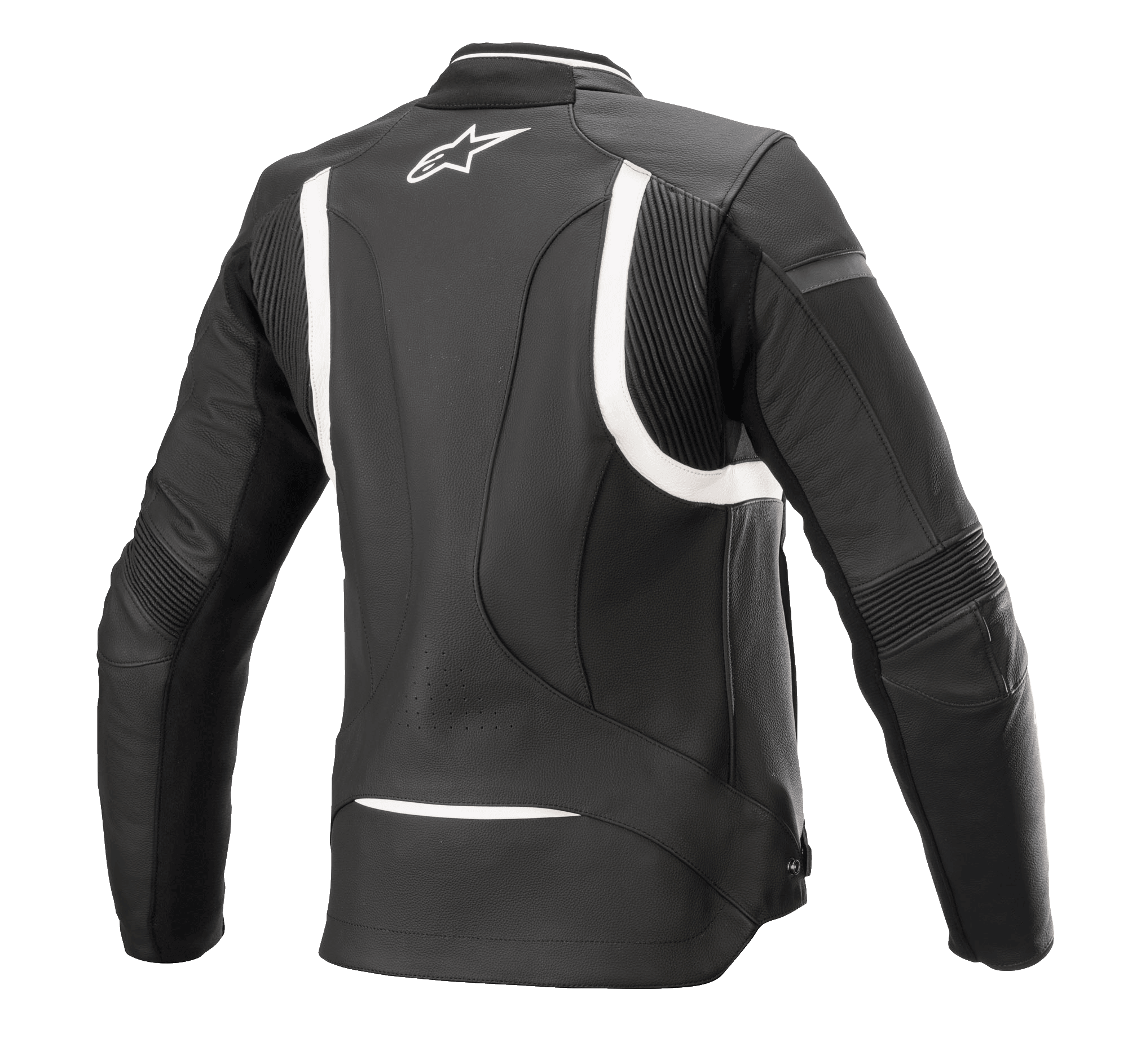 Alpinestars Women Stella Kira V2 Leather Jacket, Black and White, rear view highlighting accordion stretch panels on the back and elbows, elongated rear for riding coverage, and white Alpinestars logo on the upper back, premium bovine leather construction.