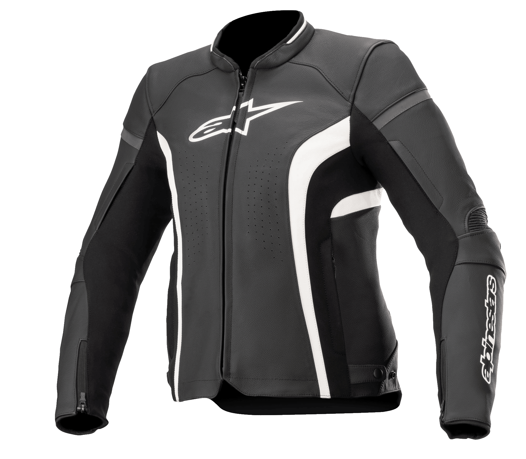 Alpinestars Stella Kira V2 läderjacka för dam, svart och vit, med perforerade ventilationspaneler, vit logotyp på bröst och ärm, manschetter med dragkedja och en skräddarsydd prestandapassform för motorcykelkörning på väg