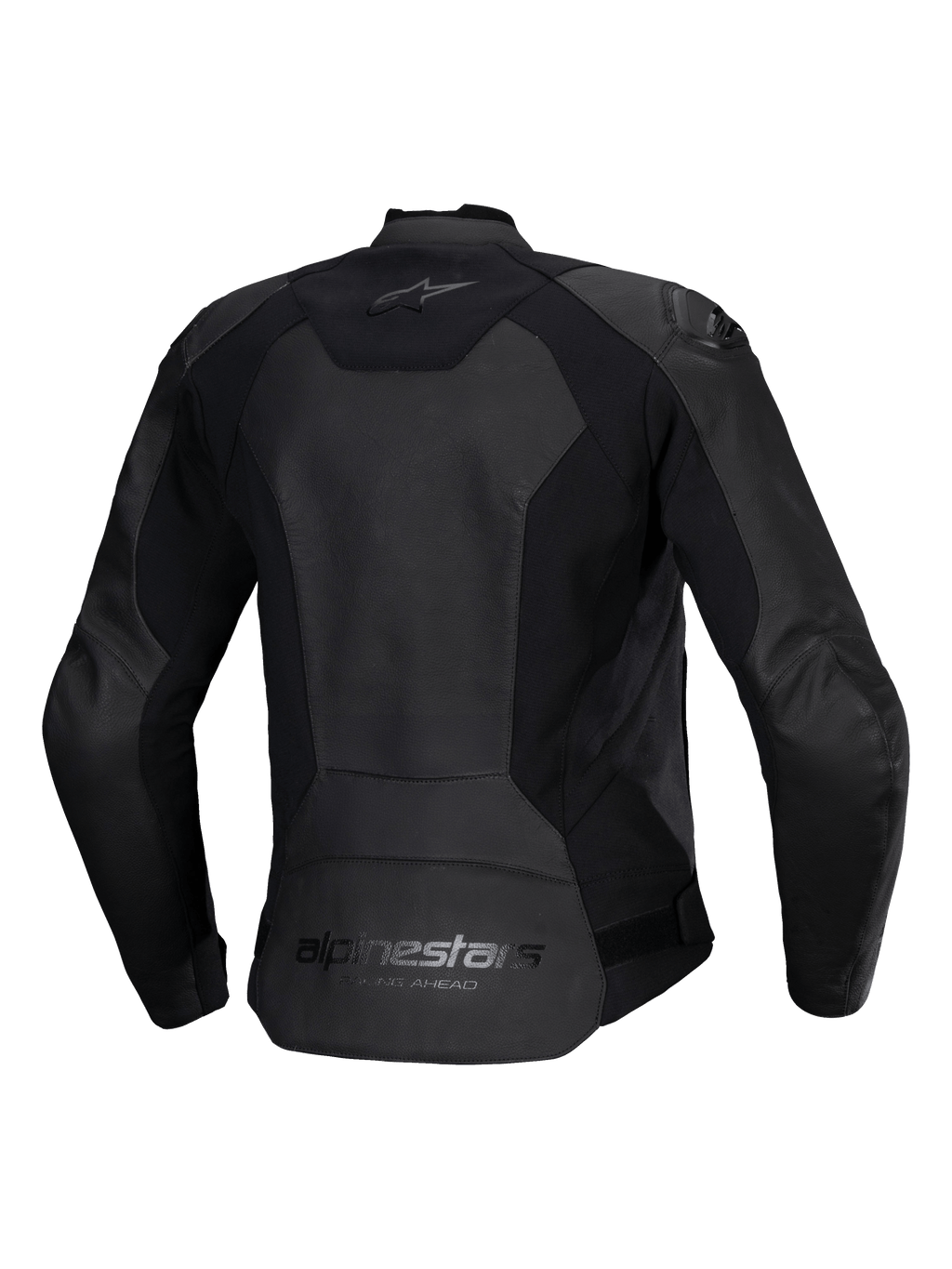 Alpinestars Stella Faster V3 Läderjacka för dam, mc-skinnjacka för dam, svart, vy bakifrån med Alpinestars-logotyper på övre och nedre ryggen, stretchpaneler för rörlighet och en förlängd ryggpanel för bättre täckning.