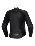 Alpinestars Stella Faster V3 Läderjacka för dam, mc-skinnjacka för dam, svart, vy bakifrån med Alpinestars-logotyper på övre och nedre ryggen, stretchpaneler för rörlighet och en förlängd ryggpanel för bättre täckning.
