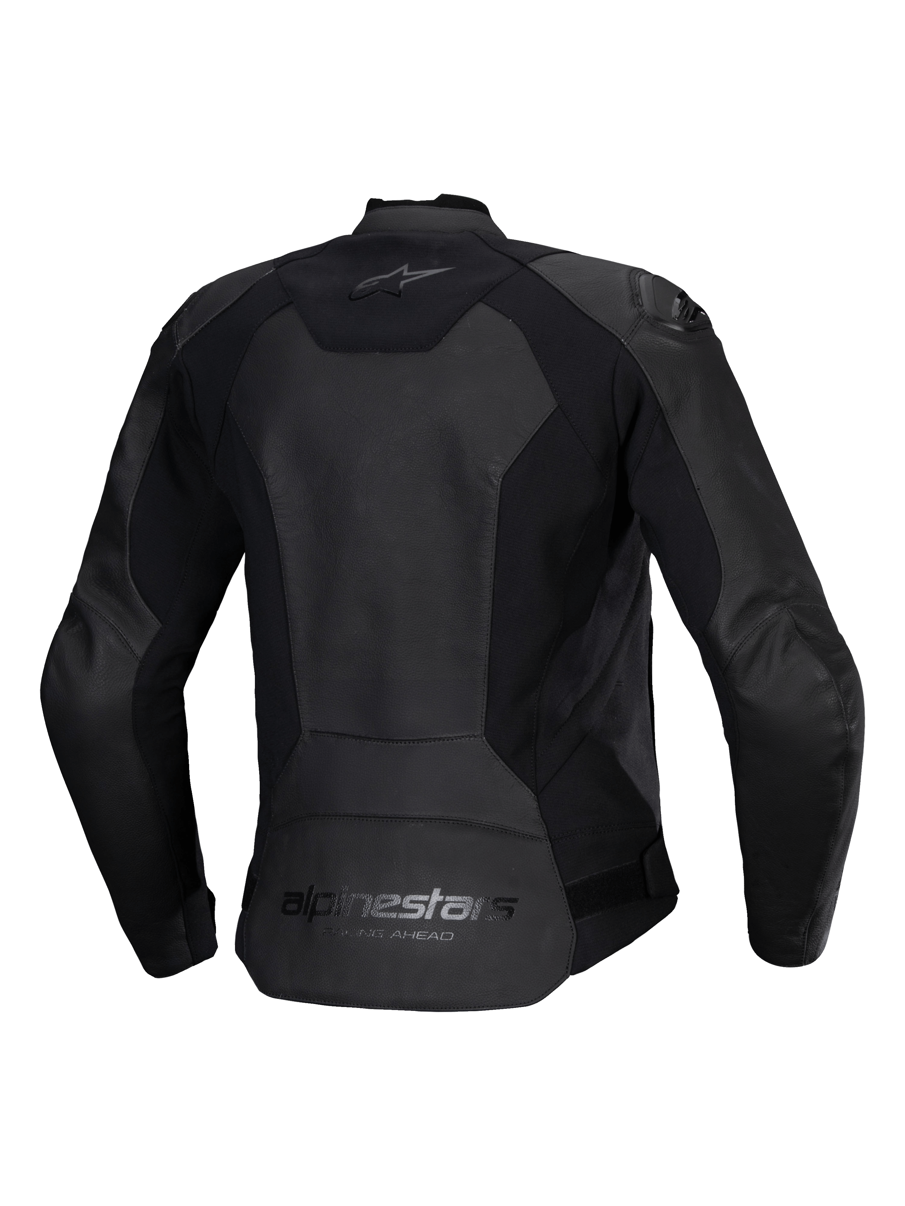 Alpinestars Stella Faster V3 Läderjacka för dam, mc-skinnjacka för dam, svart, vy bakifrån med Alpinestars-logotyper på övre och nedre ryggen, stretchpaneler för rörlighet och en förlängd ryggpanel för bättre täckning.