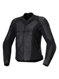 Alpinestars Stella Faster V3 Läderjacka, sportmotorcykeljacka för dam, svart och mörkgrå, konstruktion i premiumläder och textil med HRSF-stretchpaneler, CE-certifierat skydd, hög krage och hel dragkedja fram, racinginspirerad passform