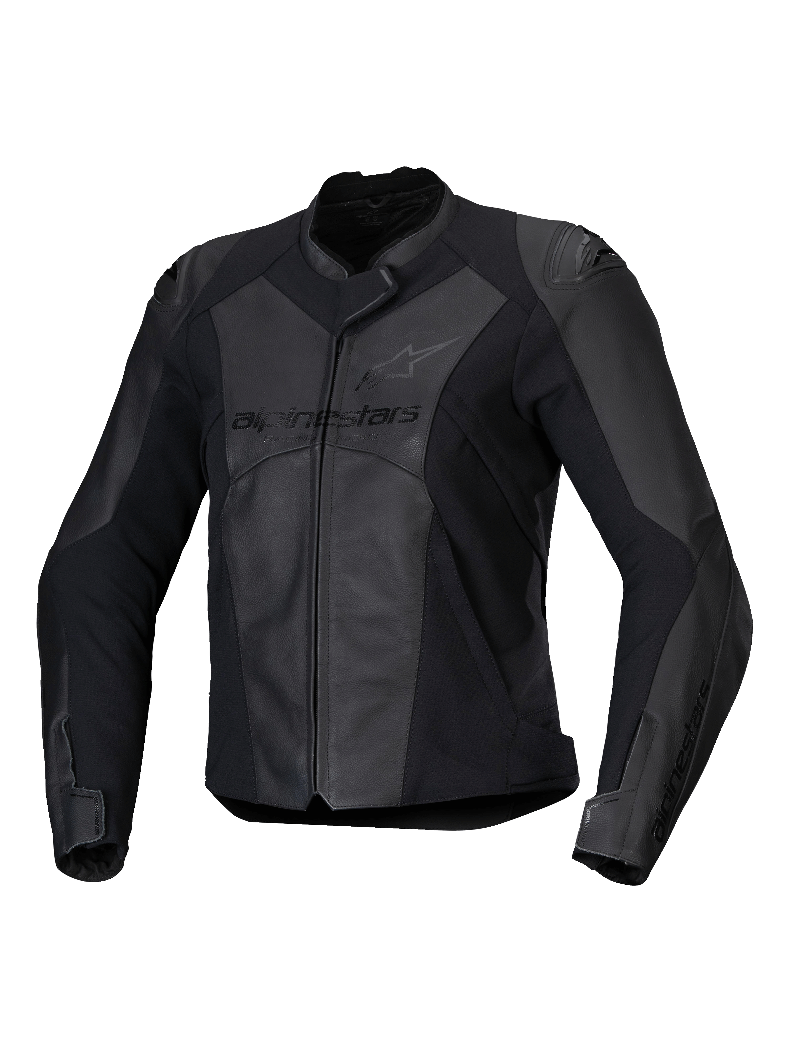 Alpinestars Stella Faster V3 Läderjacka, sportmotorcykeljacka för dam, svart och mörkgrå, konstruktion i premiumläder och textil med HRSF-stretchpaneler, CE-certifierat skydd, hög krage och hel dragkedja fram, racinginspirerad passform