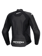 Alpinestars Stella Faster V3 skinnjacka, sportmotorcykeljacka för damer, svart och vit, vy bakifrån som visar konstruktion i flera paneler av läder och stretchmaterial, vit Alpinestars-logotyp på övre ryggen och märkning på nedre delen, smidig atletisk passform för sportig körning