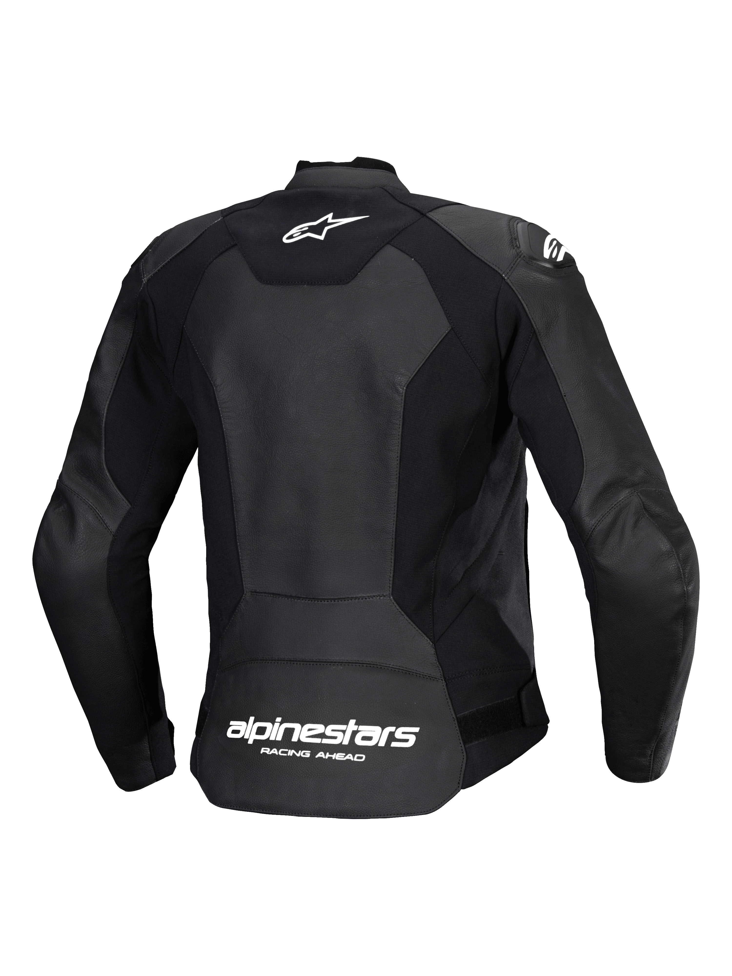 Alpinestars Stella Faster V3 skinnjacka, sportmotorcykeljacka för damer, svart och vit, vy bakifrån som visar konstruktion i flera paneler av läder och stretchmaterial, vit Alpinestars-logotyp på övre ryggen och märkning på nedre delen, smidig atletisk passform för sportig körning