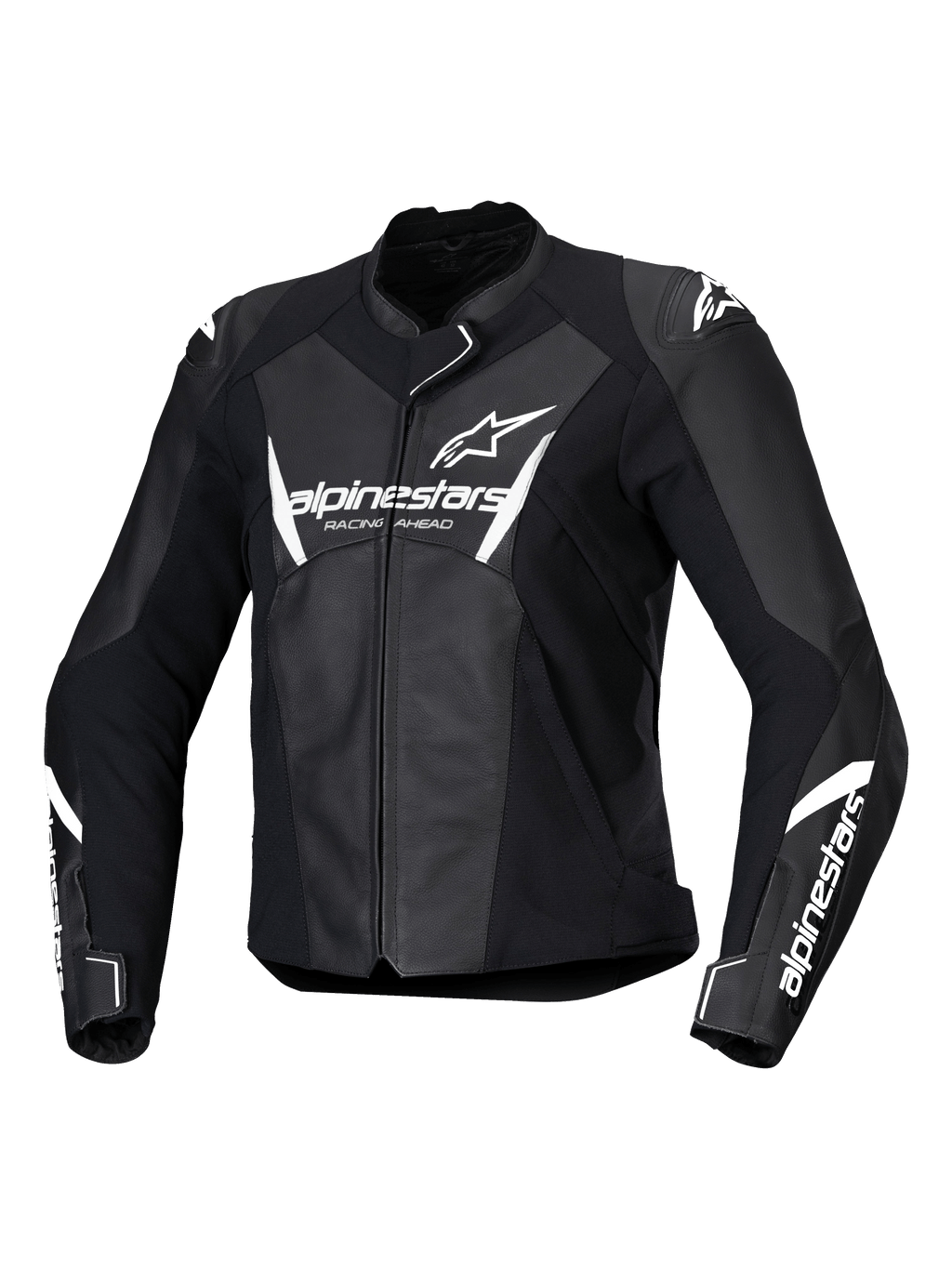 Alpinestars Stella Faster V3 läderjacka, motorcykeljacka för dam, svart och vit, vit Alpinestars-logotyp på bröstet och ärmarna, premiumläderkonstruktion med förstärkta axlar, aerodynamisk sportdesign