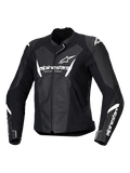 Alpinestars Stella Faster V3 läderjacka, motorcykeljacka för dam, svart och vit, vit Alpinestars-logotyp på bröstet och ärmarna, premiumläderkonstruktion med förstärkta axlar, aerodynamisk sportdesign