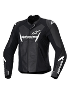 Alpinestars Stella Faster V3 läderjacka, motorcykeljacka för dam, svart och vit, vit Alpinestars-logotyp på bröstet och ärmarna, premiumläderkonstruktion med förstärkta axlar, aerodynamisk sportdesign