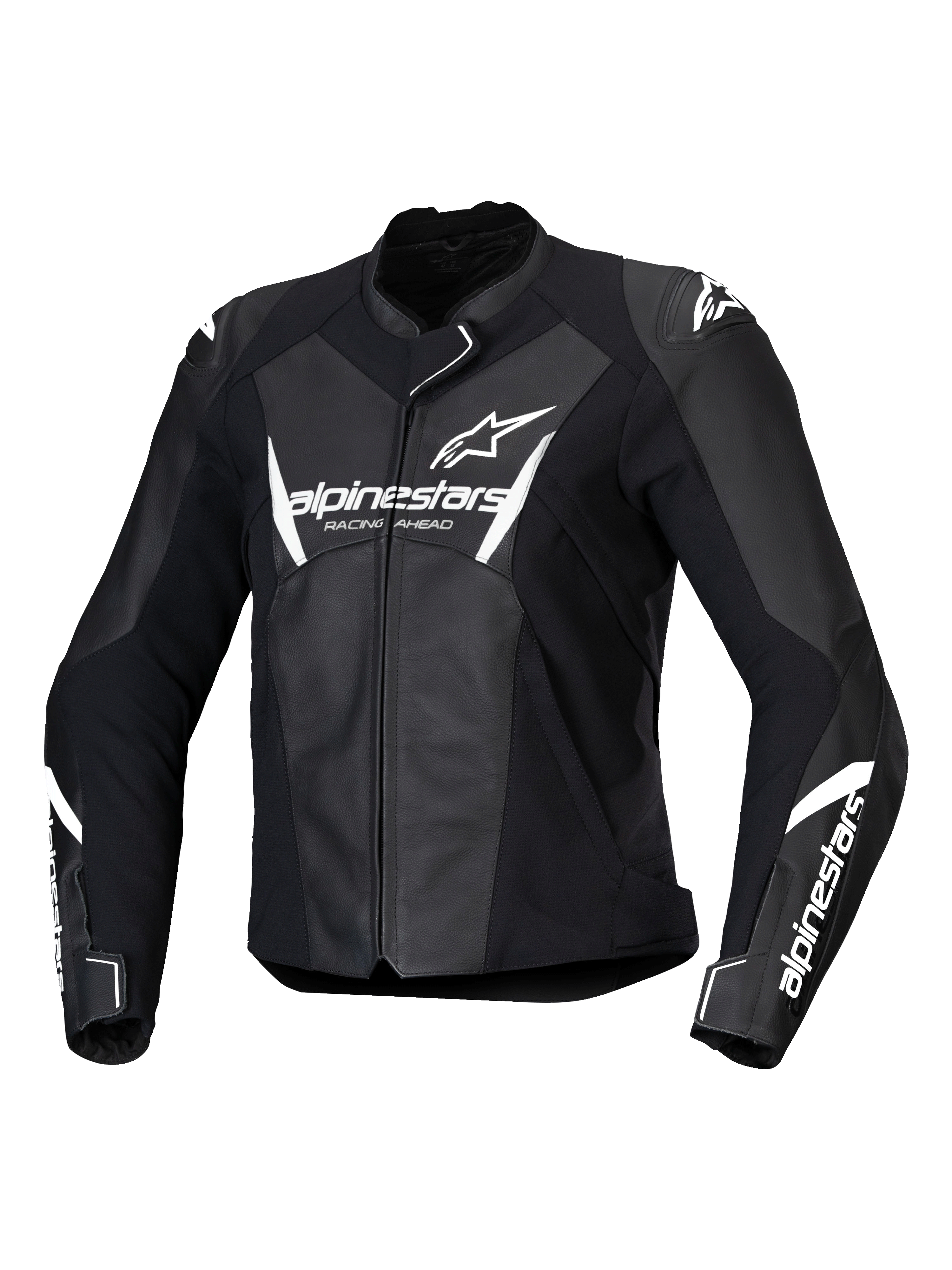 Alpinestars Stella Faster V3 läderjacka, motorcykeljacka för dam, svart och vit, vit Alpinestars-logotyp på bröstet och ärmarna, premiumläderkonstruktion med förstärkta axlar, aerodynamisk sportdesign