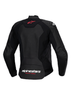 Alpinestars Stella Faster V3 läderjacka, sportig motorcykeljacka för dam, svart, vy bakifrån med röd stjärnlogotyp på övre ryggen och vit Alpinestars-logotyp med texten ”Racing Ahead” i Fluo Coral på nedre ryggen, figursydd dampassform med premiumläder och stretchpaneler