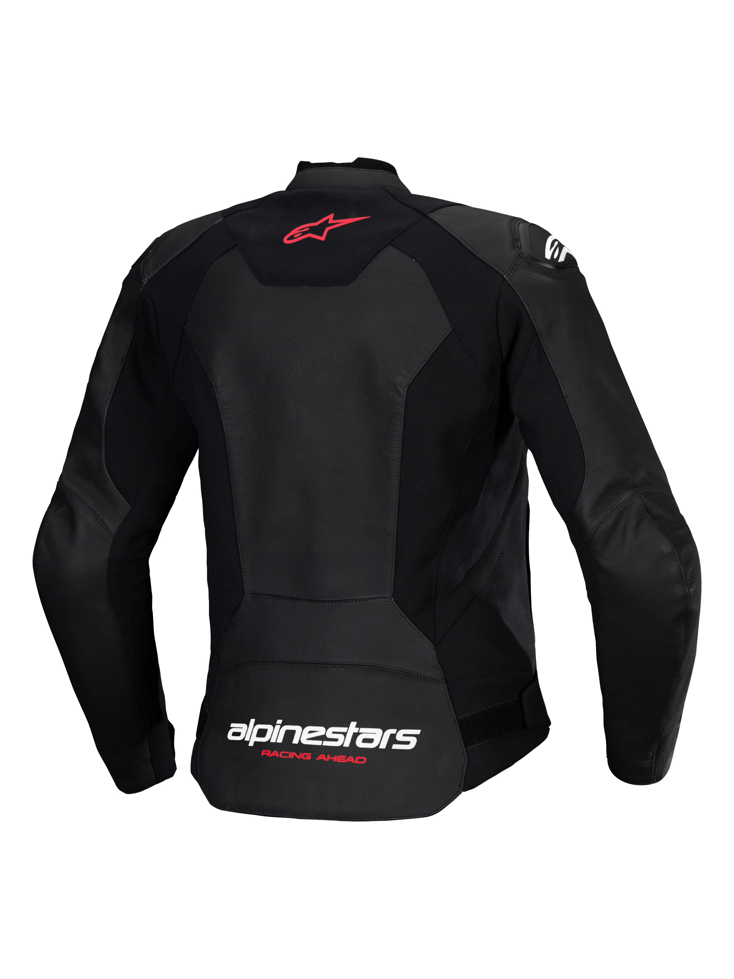 Alpinestars Stella Faster V3 läderjacka, sportig motorcykeljacka för dam, svart, vy bakifrån med röd stjärnlogotyp på övre ryggen och vit Alpinestars-logotyp med texten ”Racing Ahead” i Fluo Coral på nedre ryggen, figursydd dampassform med premiumläder och stretchpaneler