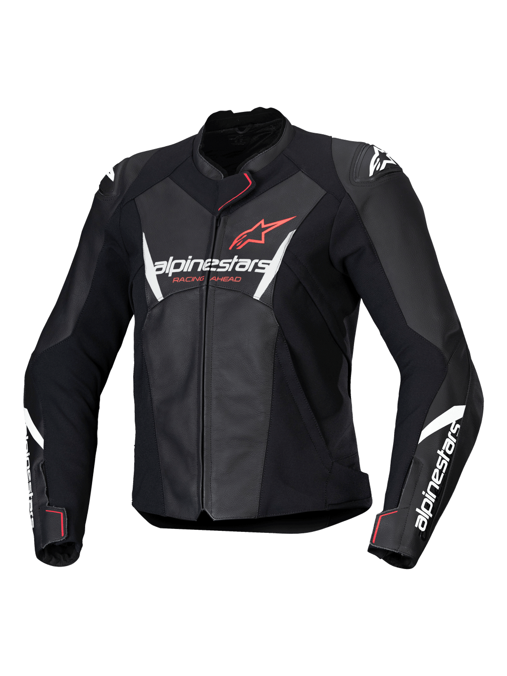 Alpinestars Stella Faster V3 skinnjacka för dam, motorcykeljacka för racing, svart med vita och fluo coral-detaljer, förstklassig läderkonstruktion, Alpinestars-logotyper på bröstet och ärmarna, sportig racingpassform med integrerade axelskydd och dragkedja fram