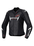 Alpinestars Stella Faster V3 skinnjacka för dam, motorcykeljacka för racing, svart med vita och fluo coral-detaljer, förstklassig läderkonstruktion, Alpinestars-logotyper på bröstet och ärmarna, sportig racingpassform med integrerade axelskydd och dragkedja fram