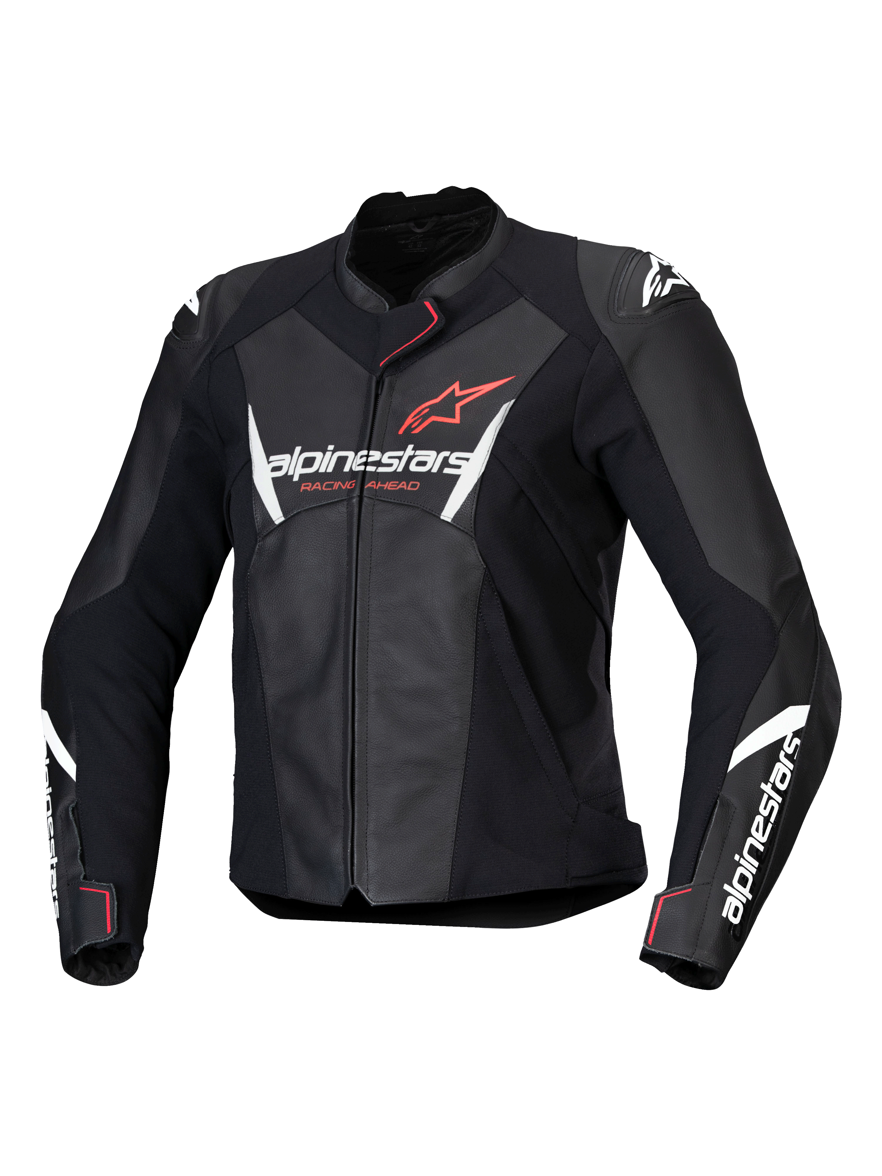 Alpinestars Stella Faster V3 skinnjacka för dam, motorcykeljacka för racing, svart med vita och fluo coral-detaljer, förstklassig läderkonstruktion, Alpinestars-logotyper på bröstet och ärmarna, sportig racingpassform med integrerade axelskydd och dragkedja fram