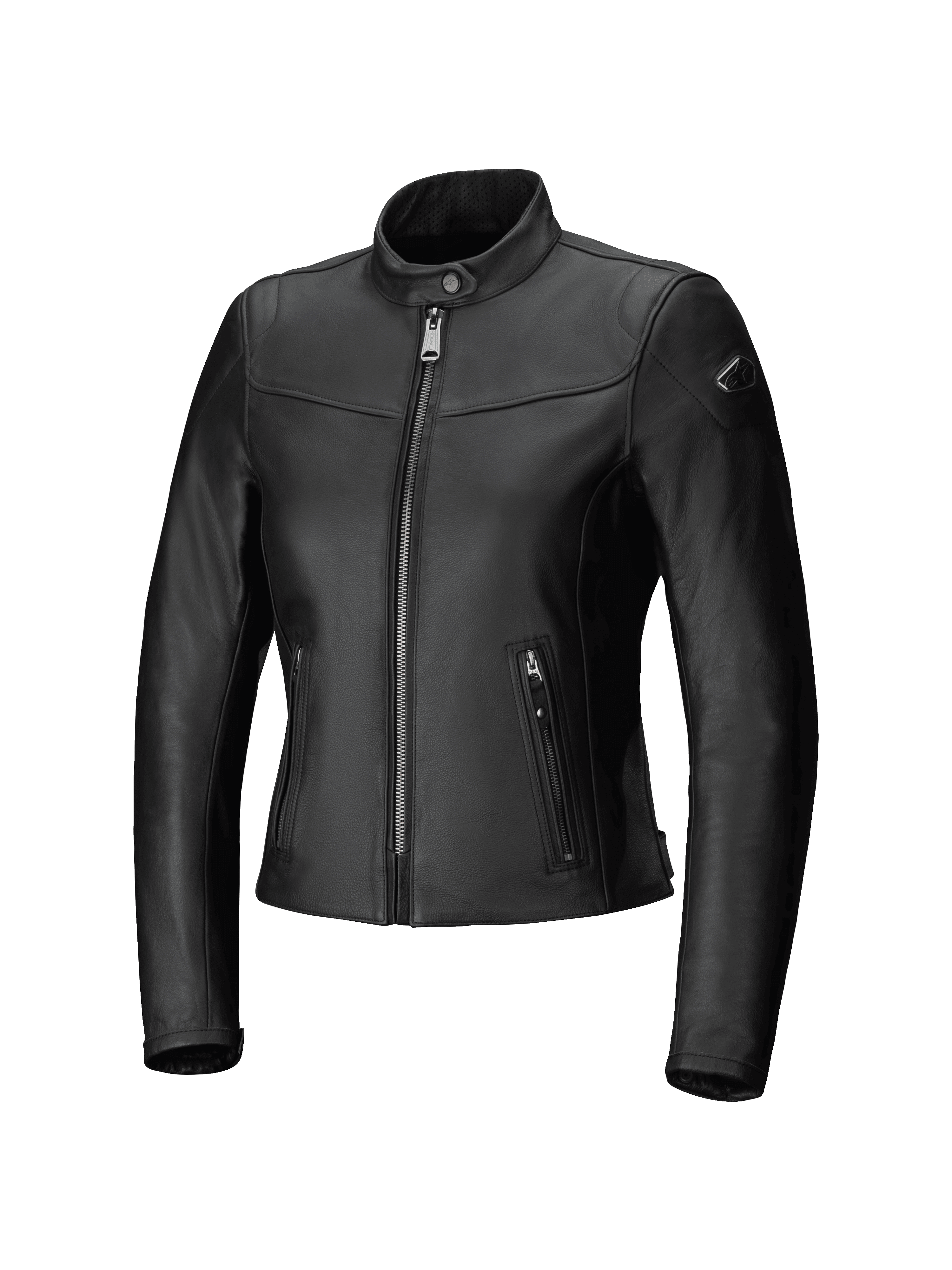 Alpinestars Tory damjacka i läder, urban motorcykeljacka, svart, skräddarsydd passform med metallisk gunmetal-dragkedja fram, vertikala sidofickor med dragkedja och perforerad läderkrage, elegant finish i nötskinn