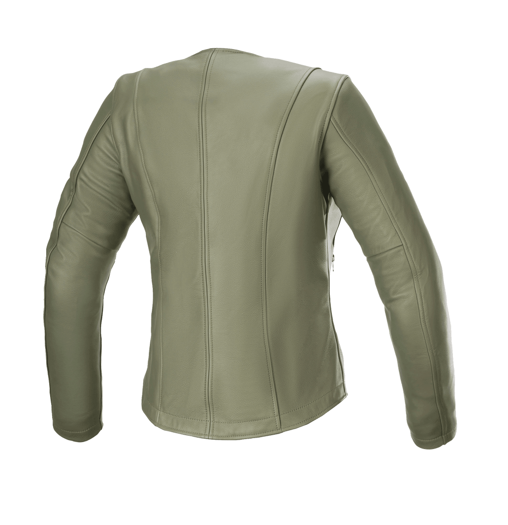 Alpinestars Women's Alice Leather Jacket, Military Green, Rear View, premium leather motorcycle jacket with sleek contoured vertical stitching and pre-curved sleeves for an urban female fit.