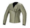 Alpinestars Alice Women's Leather Jacket, Military Green, leather motorcycle jacket with asymmetrical front zipper, snap-button collar, zippered cuffs, premium bovine leather construction, tailored feminine fit for urban riding
