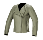 Alpinestars Alice Women's Leather Jacket, Military Green, leather motorcycle jacket with asymmetrical front zipper, snap-button collar, zippered cuffs, premium bovine leather construction, tailored feminine fit for urban riding