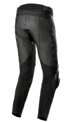 Alpinestars Missile V3 Leather Pants, Black, back view, featuring accordion leather stretch zones at the waist and behind knees, embossed Alpinestars branding, and durable leather construction for road racing
