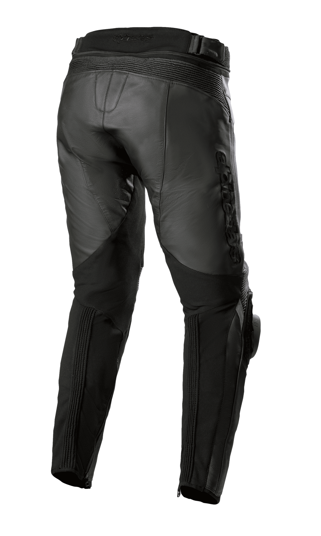 Alpinestars Missile V3 Skinnbyxor - Kort, svarta, vy bakifrån som visar hög midjekonstruktion bak, dragspelsformade stretchzoner i läder ovanför knät och stretchpaneler på vaden för förbättrad rörlighet, förstklassig motorcykelutrustning i nötläder för racing.
