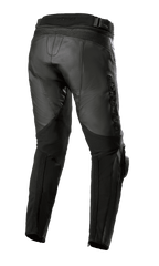 Alpinestars Missile V3 Skinnbyxor - Kort, svarta, vy bakifrån som visar hög midjekonstruktion bak, dragspelsformade stretchzoner i läder ovanför knät och stretchpaneler på vaden för förbättrad rörlighet, förstklassig motorcykelutrustning i nötläder för racing.