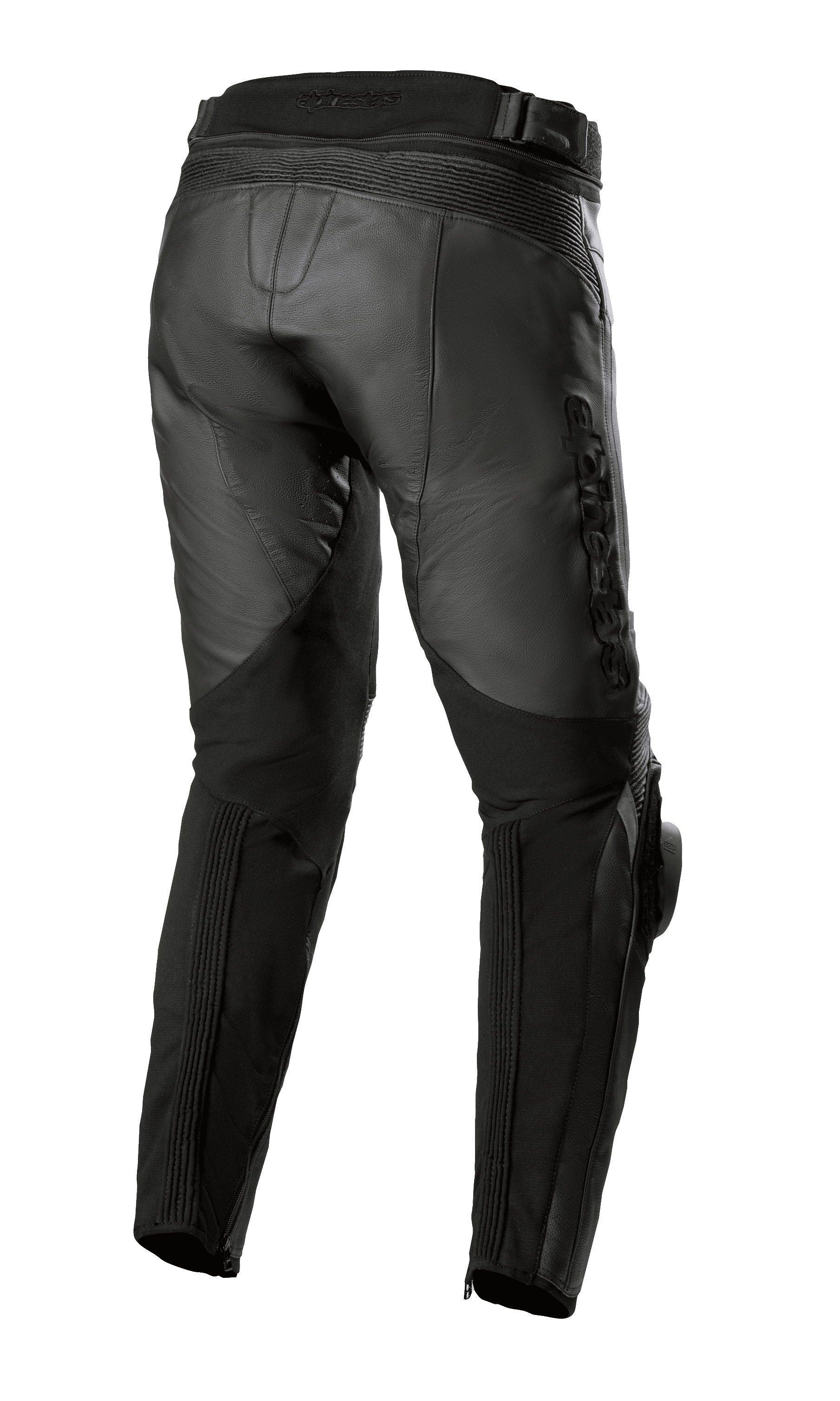 Alpinestars Missile V3 Skinnbyxor - Kort, svarta, vy bakifrån som visar hög midjekonstruktion bak, dragspelsformade stretchzoner i läder ovanför knät och stretchpaneler på vaden för förbättrad rörlighet, förstklassig motorcykelutrustning i nötläder för racing.