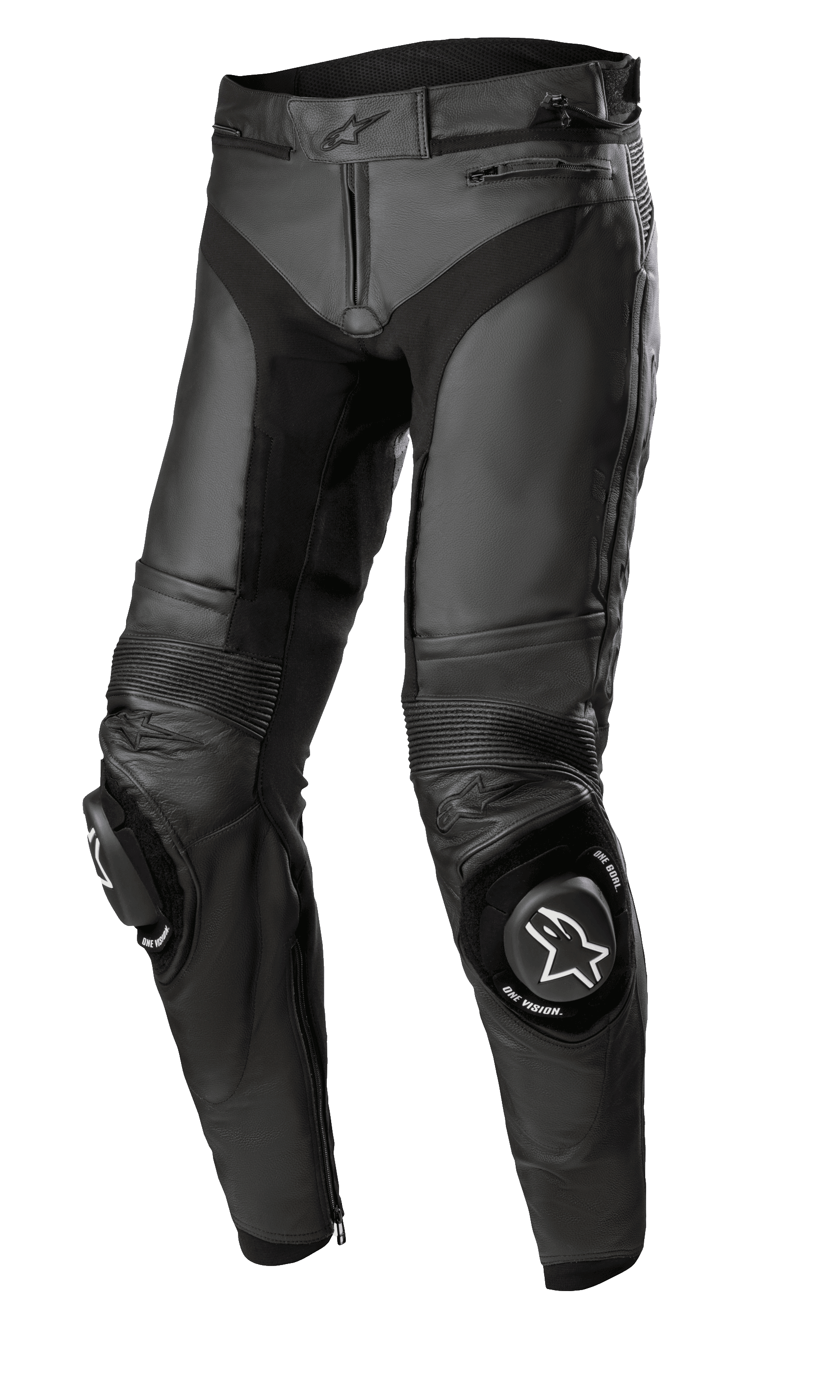 Alpinestars Missile V3 Leather Pants - Short, svarta motorcykelracingbyxor, premium läderkonstruktion med dragspelsformade stretchpaneler, förstärkta knän med vita logotypsliders, dragkedjor i midja och benslut, smidig ergonomisk design för sportkörning
