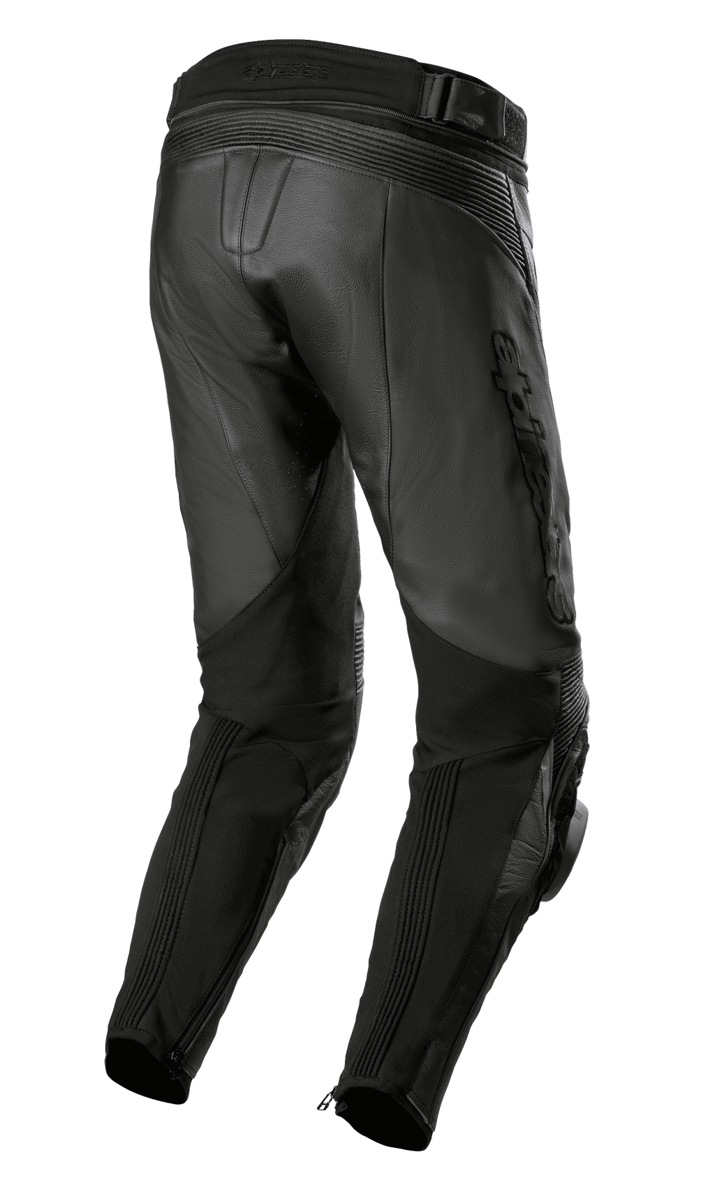 Alpinestars Missile V3 Airflow Leather Pants, Black, rear view featuring premium leather construction, accordion stretch zones above the knee, high rear waist, and flexible stretch panels on the calves with ankle zippers.
