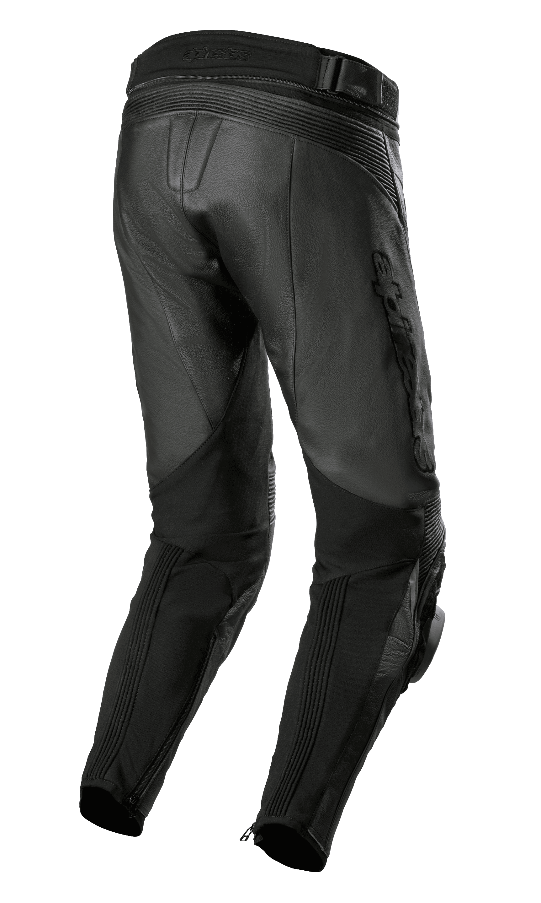 Alpinestars Missile V3 Airflow Leather Pants, Black, rear view featuring premium leather construction, accordion stretch zones above the knee, high rear waist, and flexible stretch panels on the calves with ankle zippers.